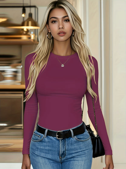 4er-Pack Damen Langarmshirts Rundhals – Stretch Basic-Tops Uni-Farben