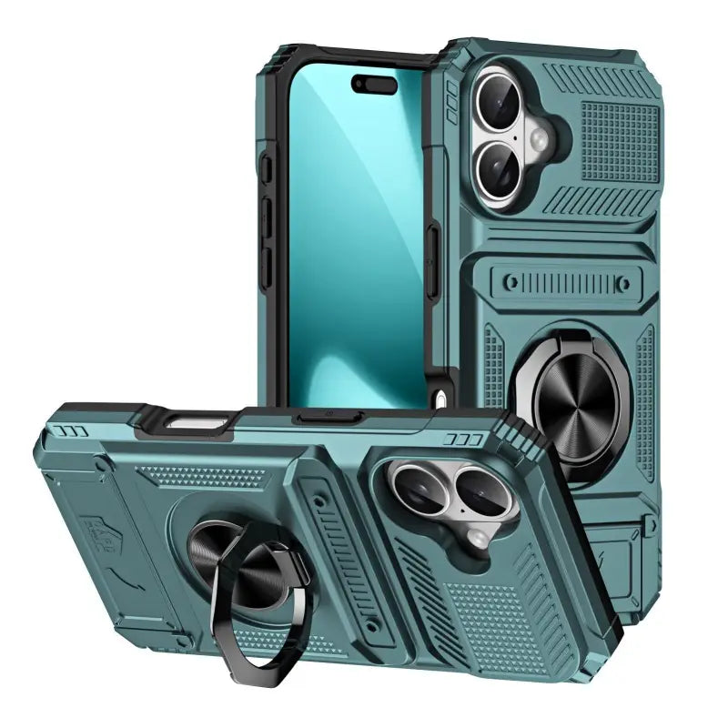 Rückseite einer stoßfesten handyhülle in teal und schwarz mit integriertem metallhalter und dual-kartenslot für heavy duty nutzung online bestellen