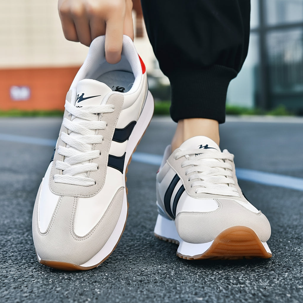 Moderne Herren Sneaker mit weißem Obermaterial, navy Akzenten und atmungsaktivem Stofffutter