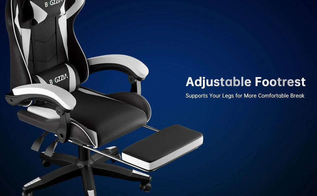 Gaming Stuhl Ergonomisch mit Fußstütze - Höhenverstellbarer Bürostuhl mit Lendenkissen & Kopfstütze für PC & Gaming - FUXLShop