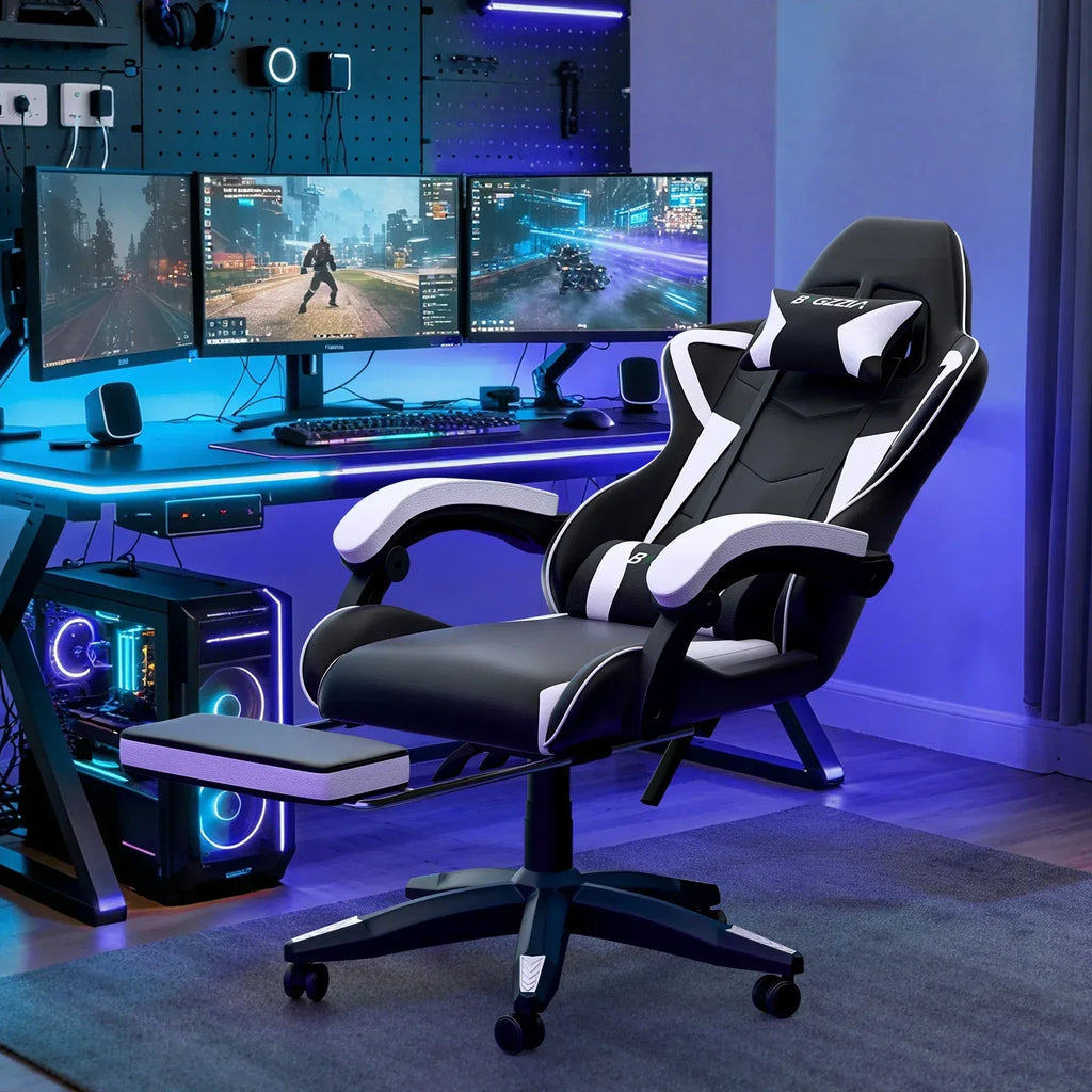 Gaming Stuhl Ergonomisch mit Fußstütze - Höhenverstellbarer Bürostuhl mit Lendenkissen & Kopfstütze für PC & Gaming - FUXLShop