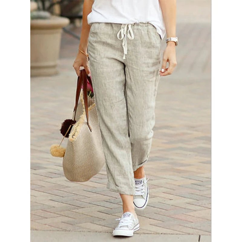Casual Baumwolle Leinen Hosen Frauen Frühling Sommer Einfarbig Hohe Taille Elastische Knöchel-Länge Hosen Weibliche Taschen Harem Hosen