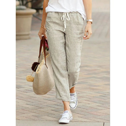 Casual Baumwolle Leinen Hosen Frauen Frühling Sommer Einfarbig Hohe Taille Elastische Knöchel - Länge Hosen Weibliche Taschen Harem Hosen - FUXL - Shopify