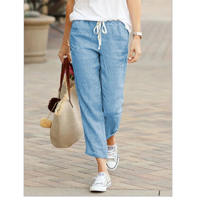 Casual Baumwolle Leinen Hosen Frauen Frühling Sommer Einfarbig Hohe Taille Elastische Knöchel-Länge Hosen Weibliche Taschen Harem Hosen