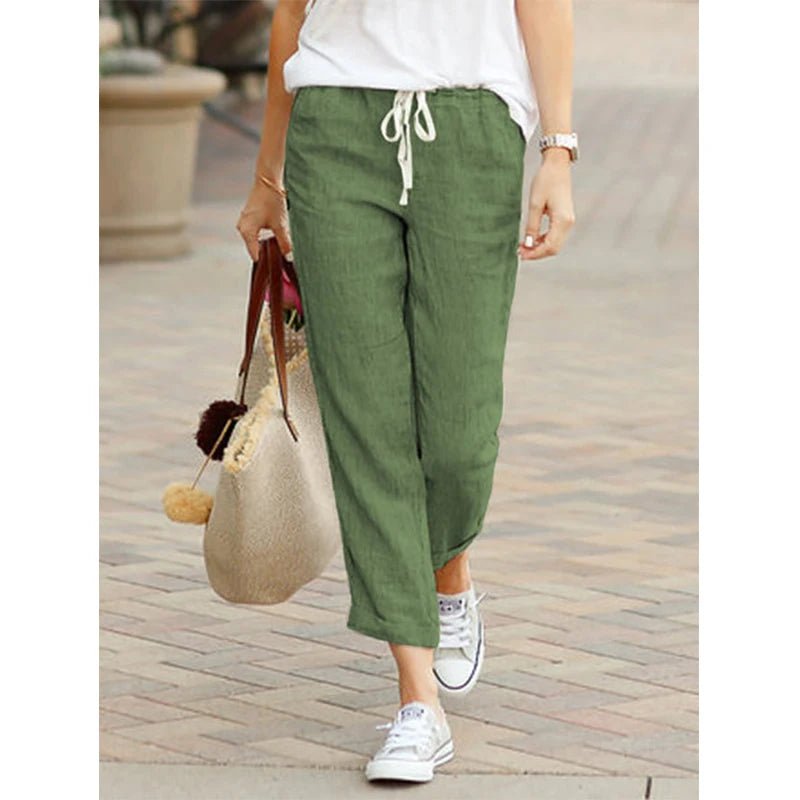Casual Baumwolle Leinen Hosen Frauen Frühling Sommer Einfarbig Hohe Taille Elastische Knöchel-Länge Hosen Weibliche Taschen Harem Hosen