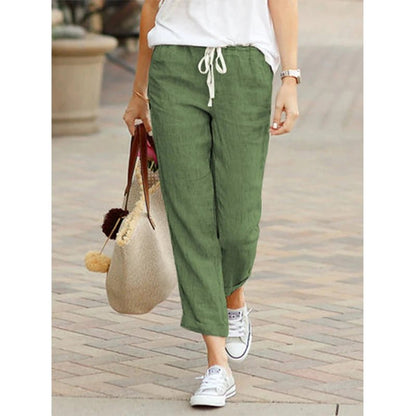 Casual Baumwolle Leinen Hosen Frauen Frühling Sommer Einfarbig Hohe Taille Elastische Knöchel - Länge Hosen Weibliche Taschen Harem Hosen - FUXL - Shopify
