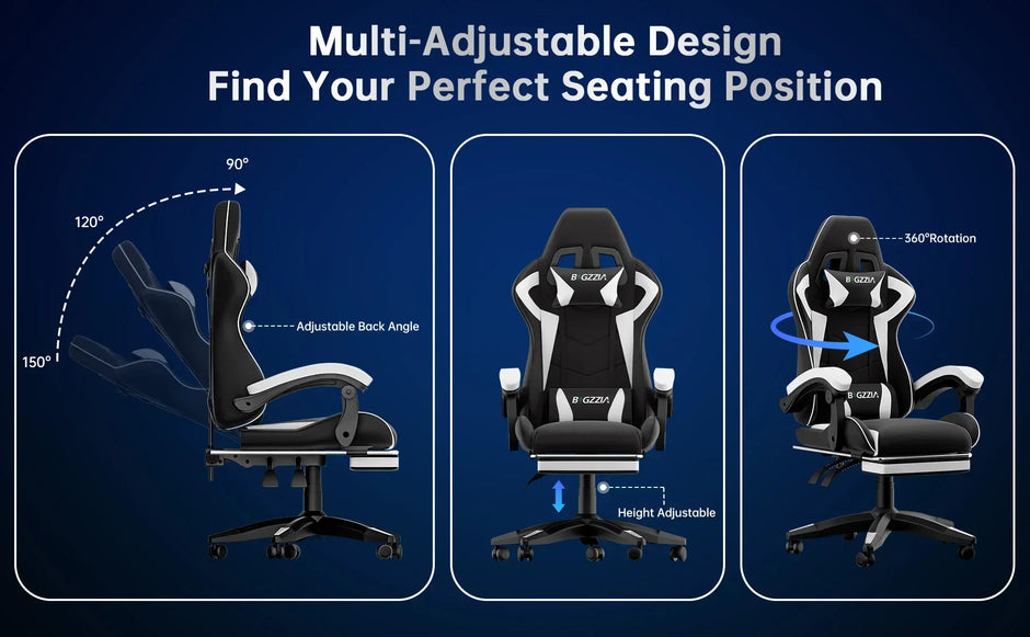 Gaming Stuhl Ergonomisch mit Fußstütze - Höhenverstellbarer Bürostuhl mit Lendenkissen & Kopfstütze für PC & Gaming - FUXLShop