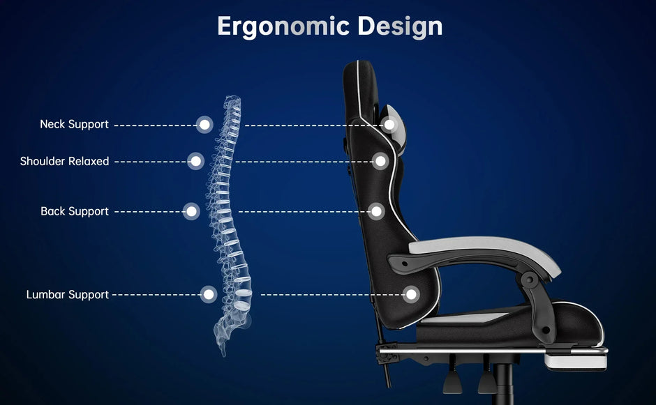 Gaming Stuhl Ergonomisch mit Fußstütze - Höhenverstellbarer Bürostuhl mit Lendenkissen & Kopfstütze für PC & Gaming - FUXLShop
