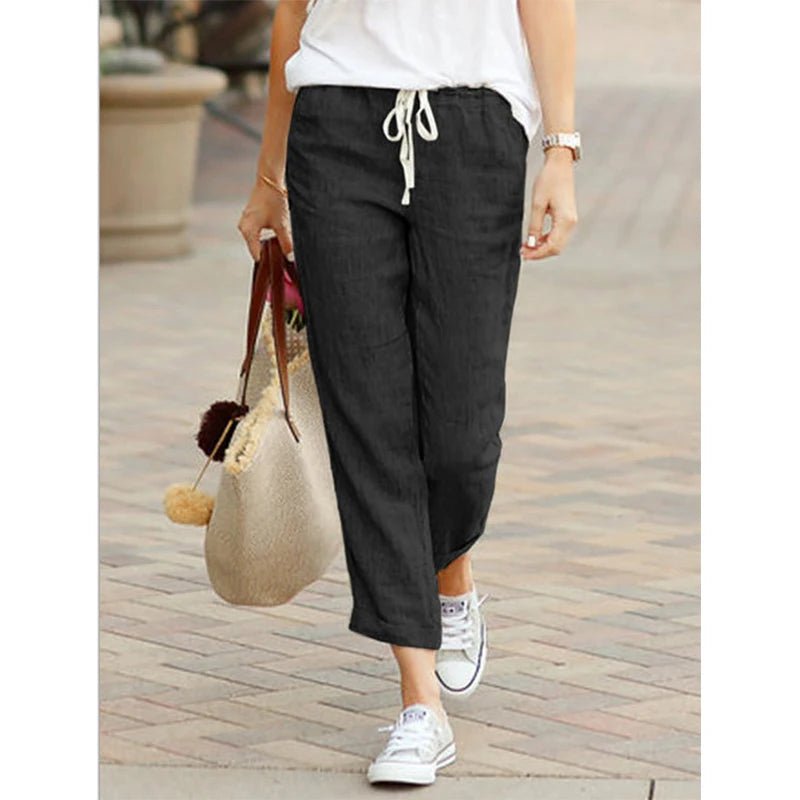 Casual Baumwolle Leinen Hosen Frauen Frühling Sommer Einfarbig Hohe Taille Elastische Knöchel-Länge Hosen Weibliche Taschen Harem Hosen