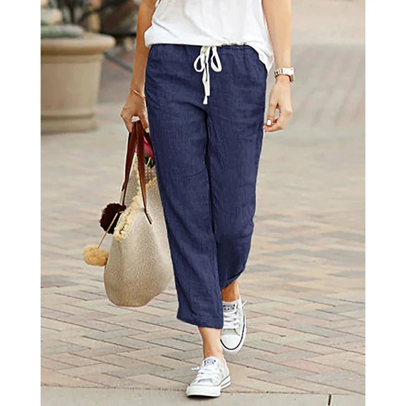 Casual Baumwolle Leinen Hosen Frauen Frühling Sommer Einfarbig Hohe Taille Elastische Knöchel-Länge Hosen Weibliche Taschen Harem Hosen