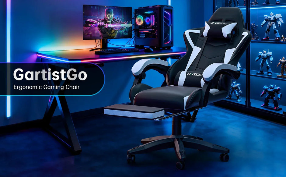 Gaming Stuhl Ergonomisch mit Fußstütze - Höhenverstellbarer Bürostuhl mit Lendenkissen & Kopfstütze für PC & Gaming - FUXLShop