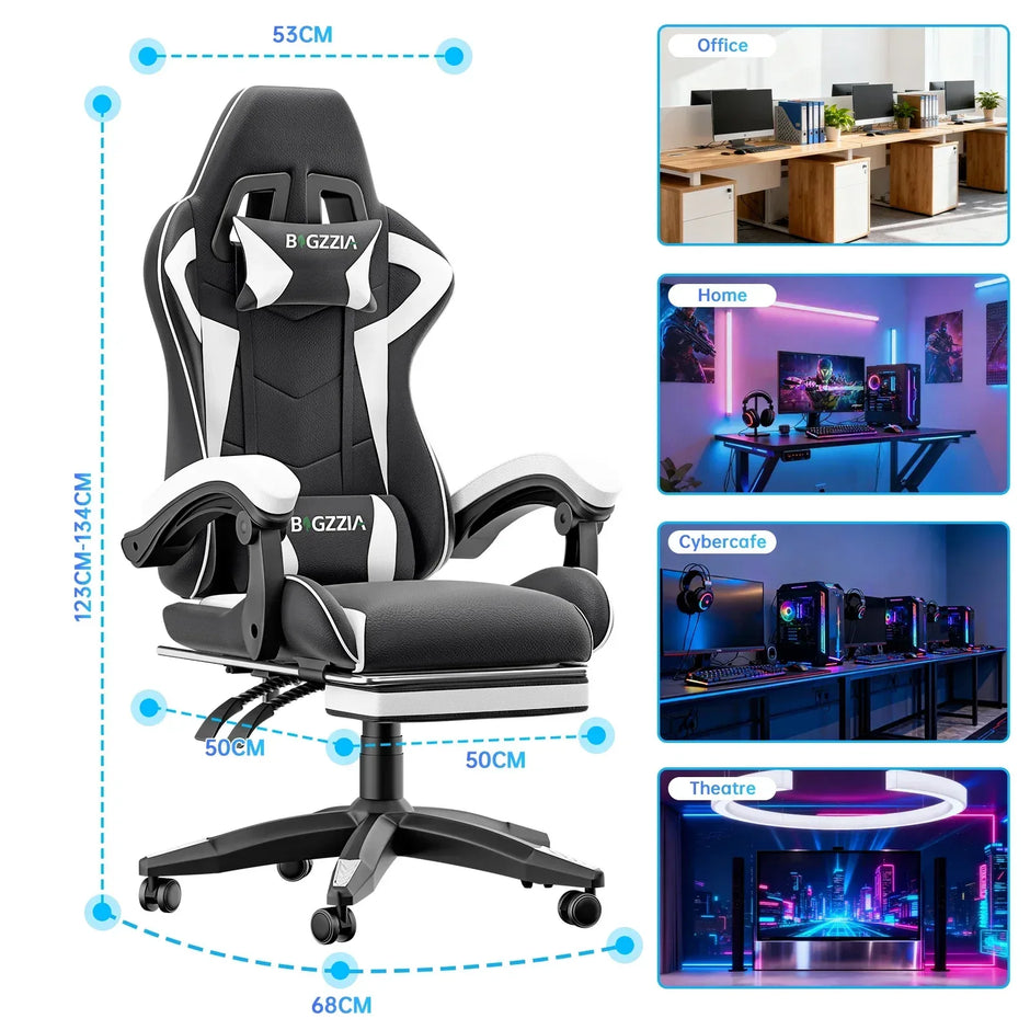 Gaming Stuhl Ergonomisch mit Fußstütze - Höhenverstellbarer Bürostuhl mit Lendenkissen & Kopfstütze für PC & Gaming - FUXLShop