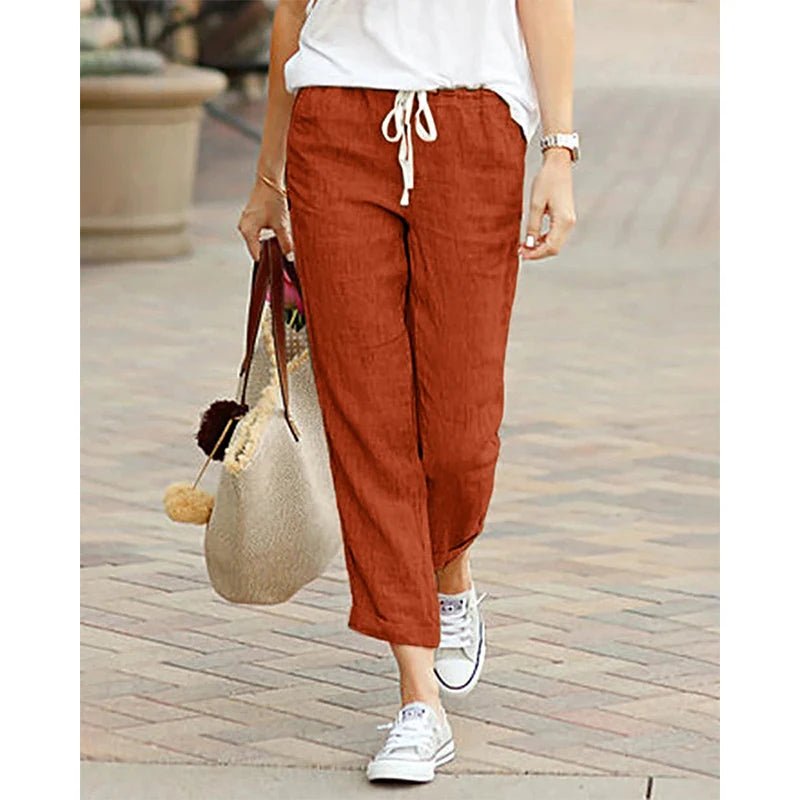 Casual Baumwolle Leinen Hosen Frauen Frühling Sommer Einfarbig Hohe Taille Elastische Knöchel-Länge Hosen Weibliche Taschen Harem Hosen