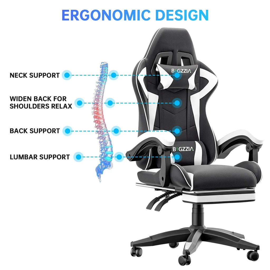 Gaming Stuhl Ergonomisch mit Fußstütze - Höhenverstellbarer Bürostuhl mit Lendenkissen & Kopfstütze für PC & Gaming - FUXLShop
