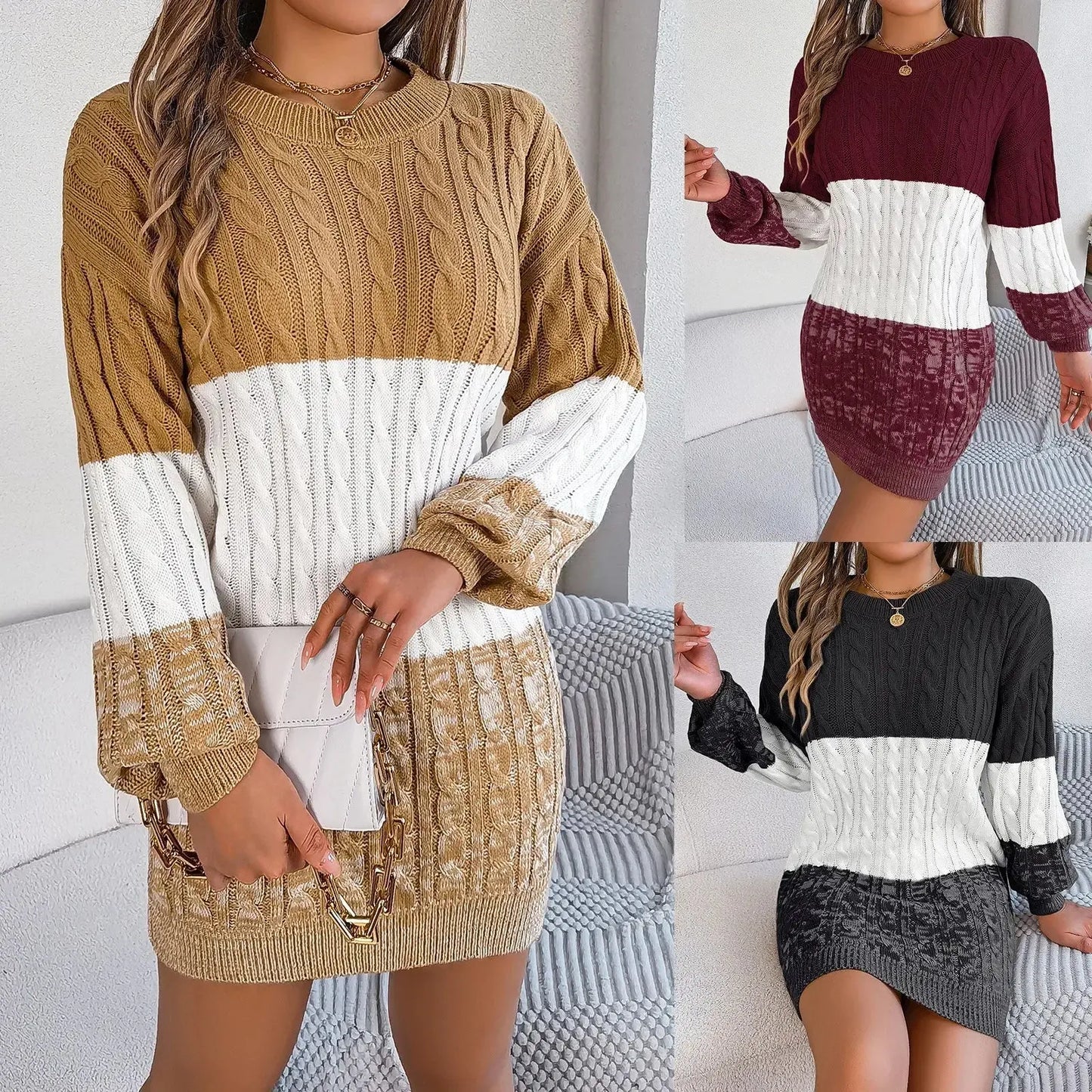 Autumn and Winter Casual Color Matching Twist Lantern Sleeve Sweater Skirt, Women's Clothing FUXL-Shopify