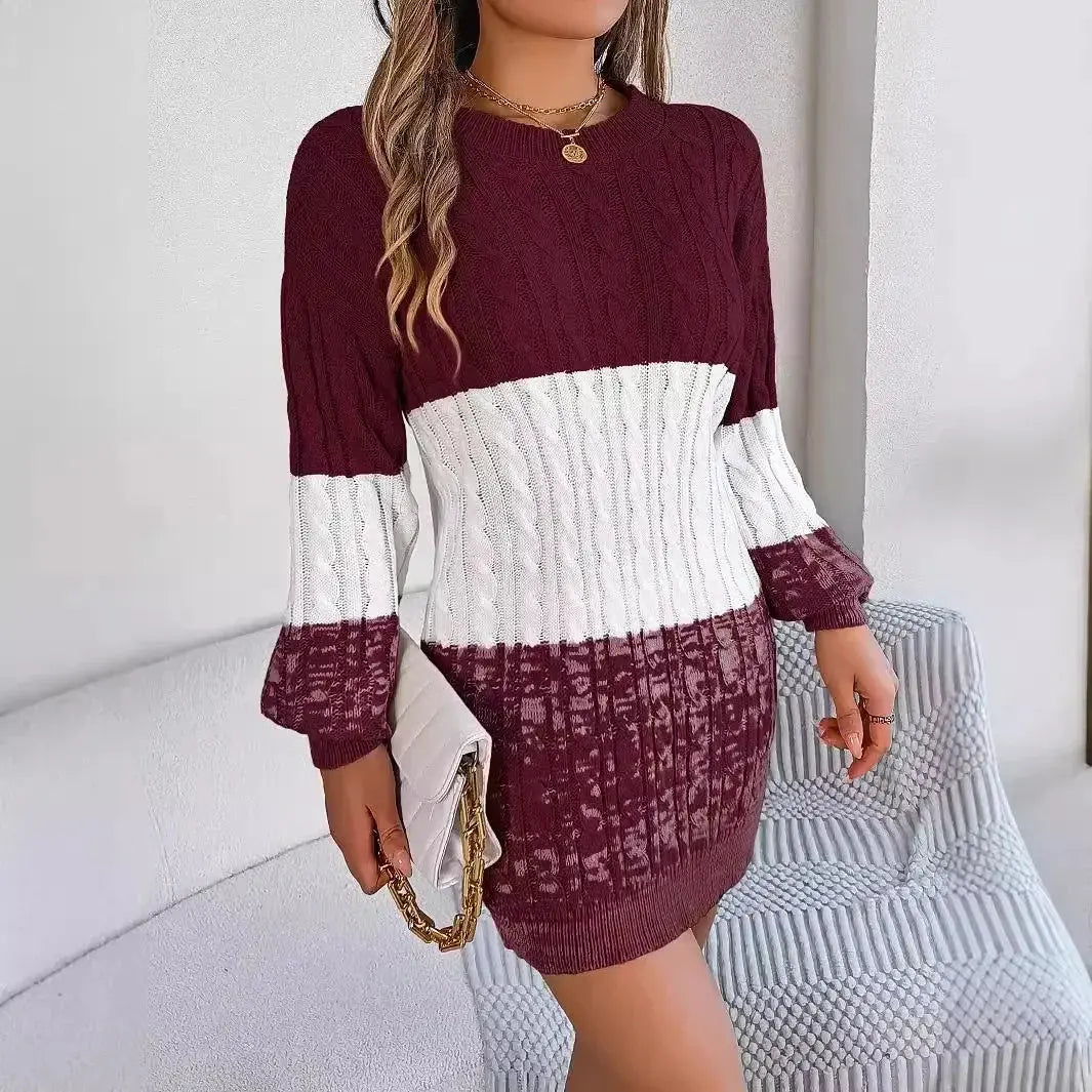 Autumn and Winter Casual Color Matching Twist Lantern Sleeve Sweater Skirt, Women's Clothing FUXL-Shopify