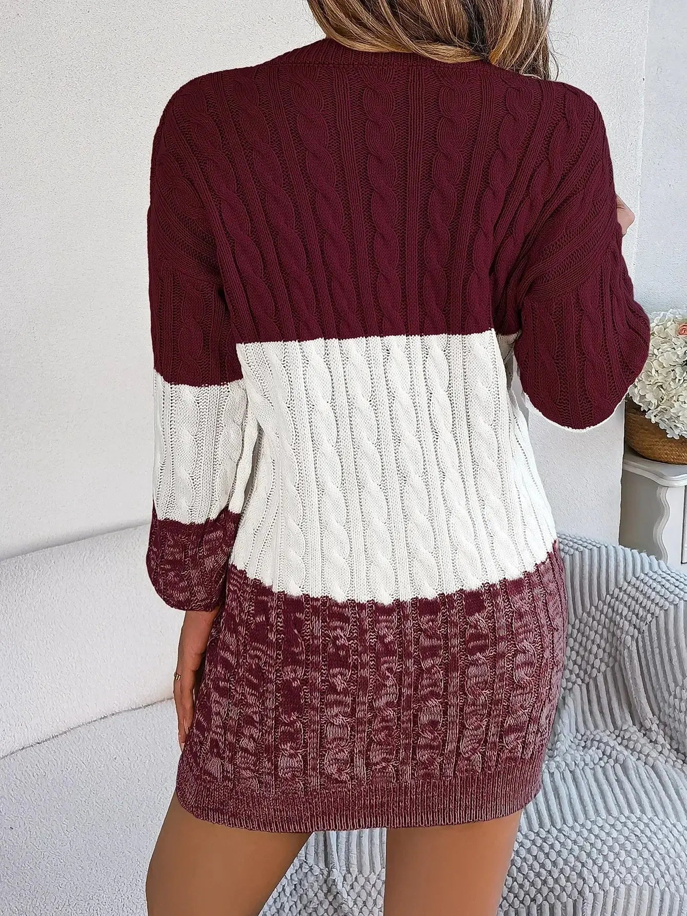Autumn and Winter Casual Color Matching Twist Lantern Sleeve Sweater Skirt, Women's Clothing FUXL-Shopify