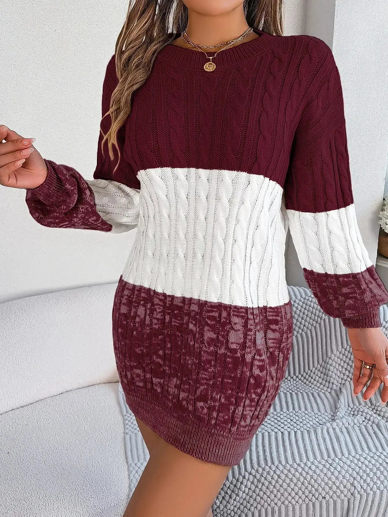Autumn and Winter Casual Color Matching Twist Lantern Sleeve Sweater Skirt, Women's Clothing FUXL-Shopify