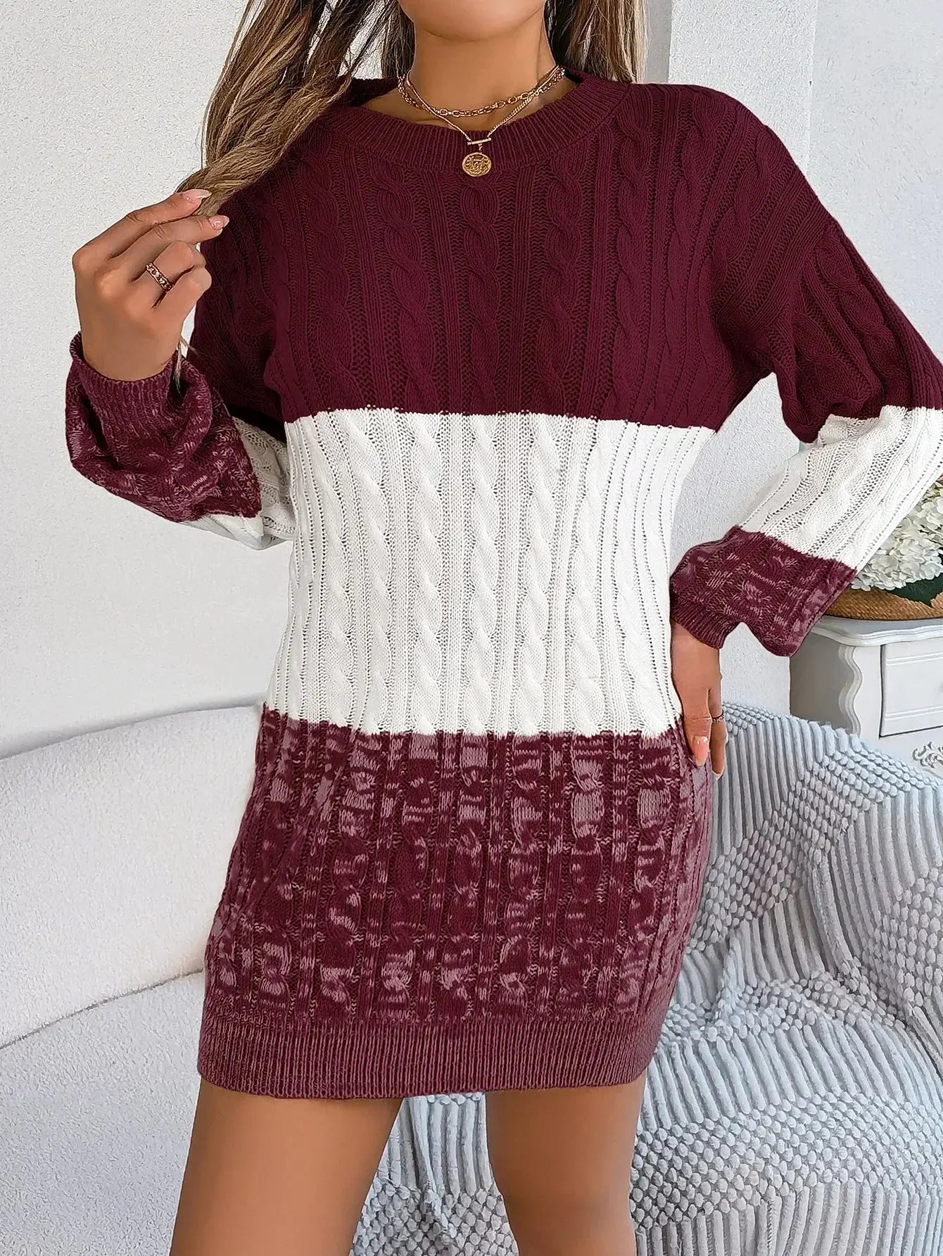 Autumn and Winter Casual Color Matching Twist Lantern Sleeve Sweater Skirt, Women's Clothing FUXL-Shopify