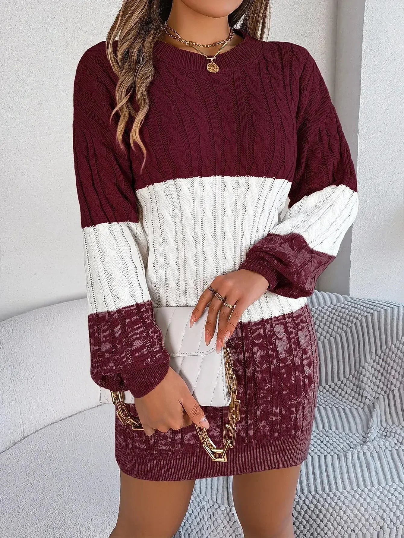 Autumn and Winter Casual Color Matching Twist Lantern Sleeve Sweater Skirt, Women's Clothing FUXL-Shopify