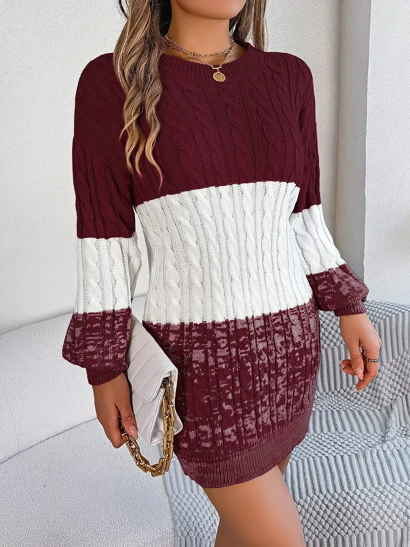 Autumn and Winter Casual Color Matching Twist Lantern Sleeve Sweater Skirt, Women's Clothing FUXL-Shopify