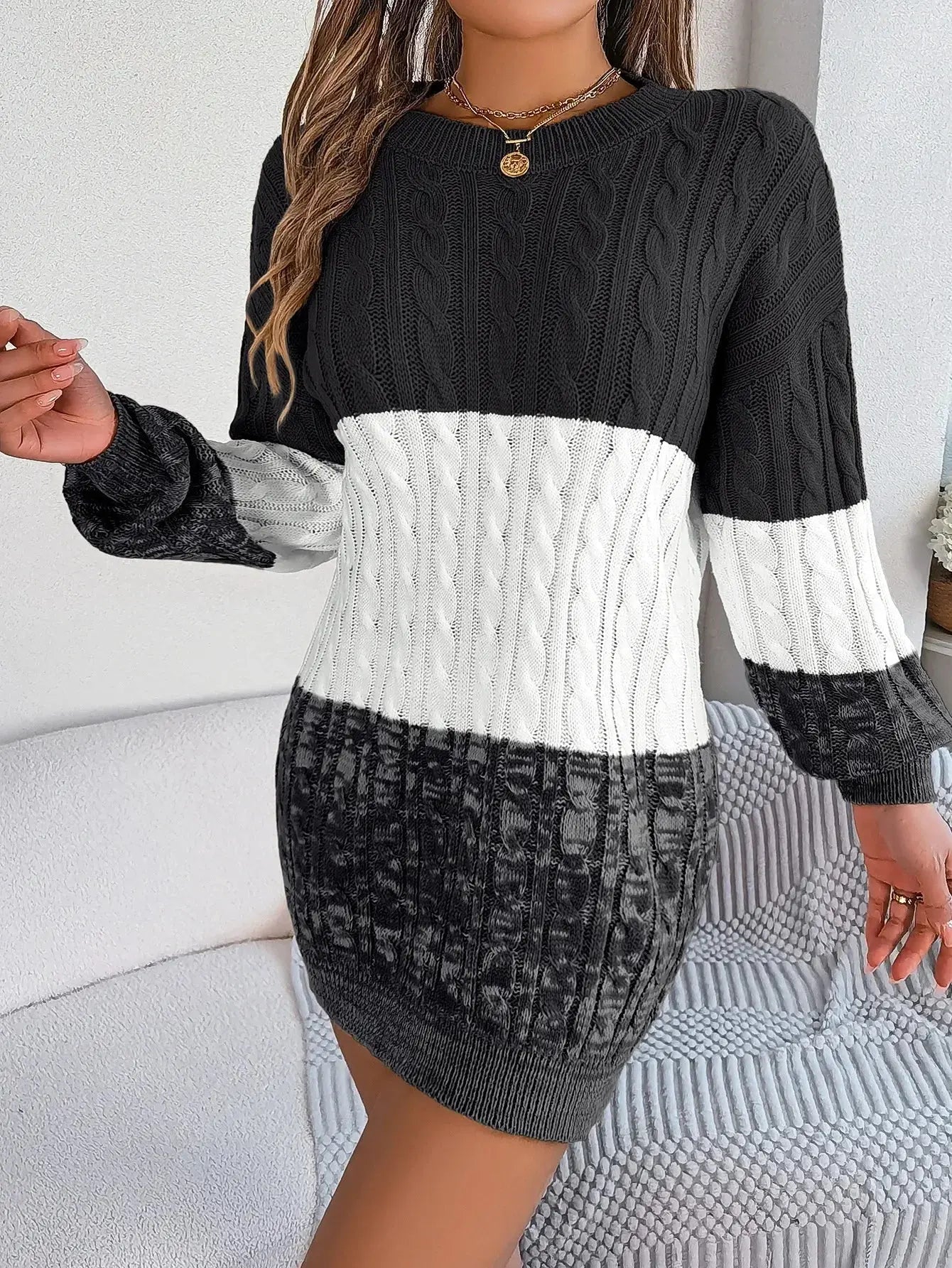 Autumn and Winter Casual Color Matching Twist Lantern Sleeve Sweater Skirt, Women's Clothing FUXL-Shopify