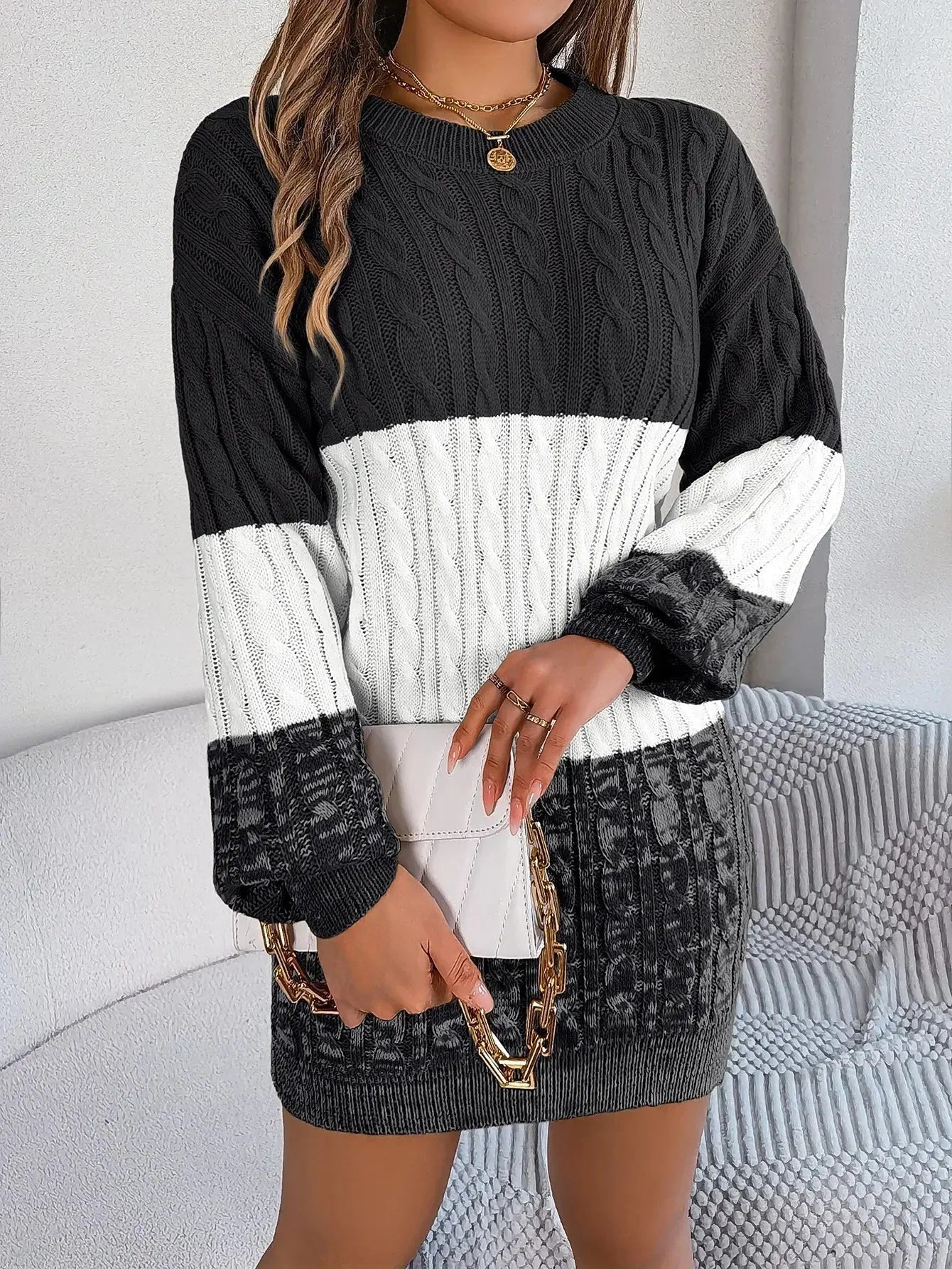 Autumn and Winter Casual Color Matching Twist Lantern Sleeve Sweater Skirt, Women's Clothing FUXL-Shopify