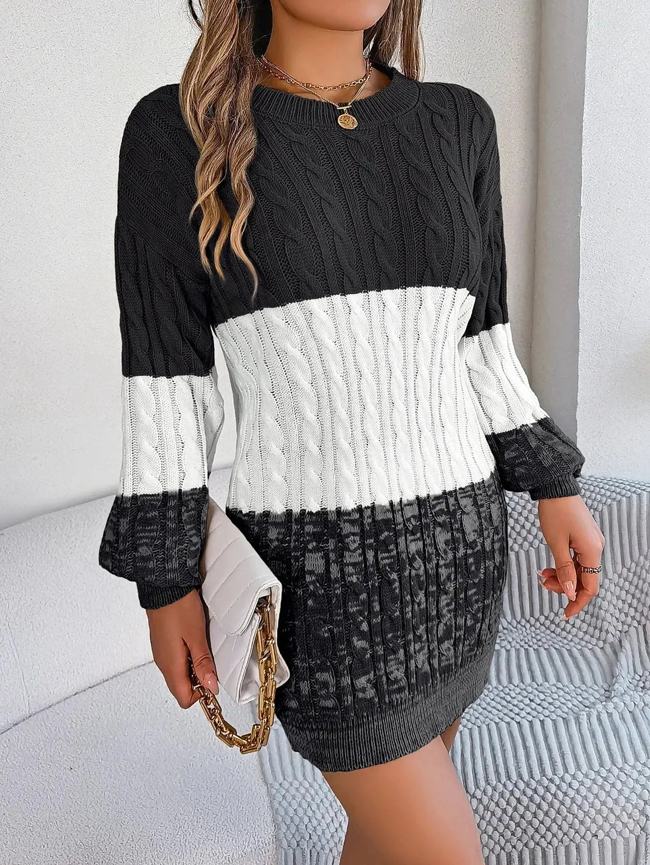 Autumn and Winter Casual Color Matching Twist Lantern Sleeve Sweater Skirt, Women's Clothing FUXL-Shopify