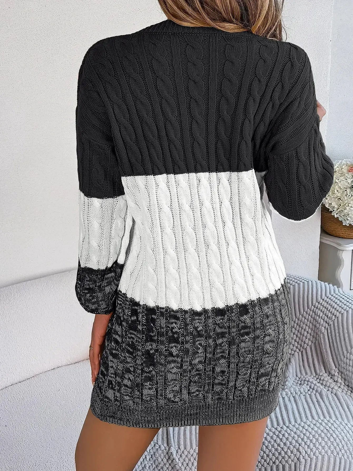 Autumn and Winter Casual Color Matching Twist Lantern Sleeve Sweater Skirt, Women's Clothing FUXL-Shopify