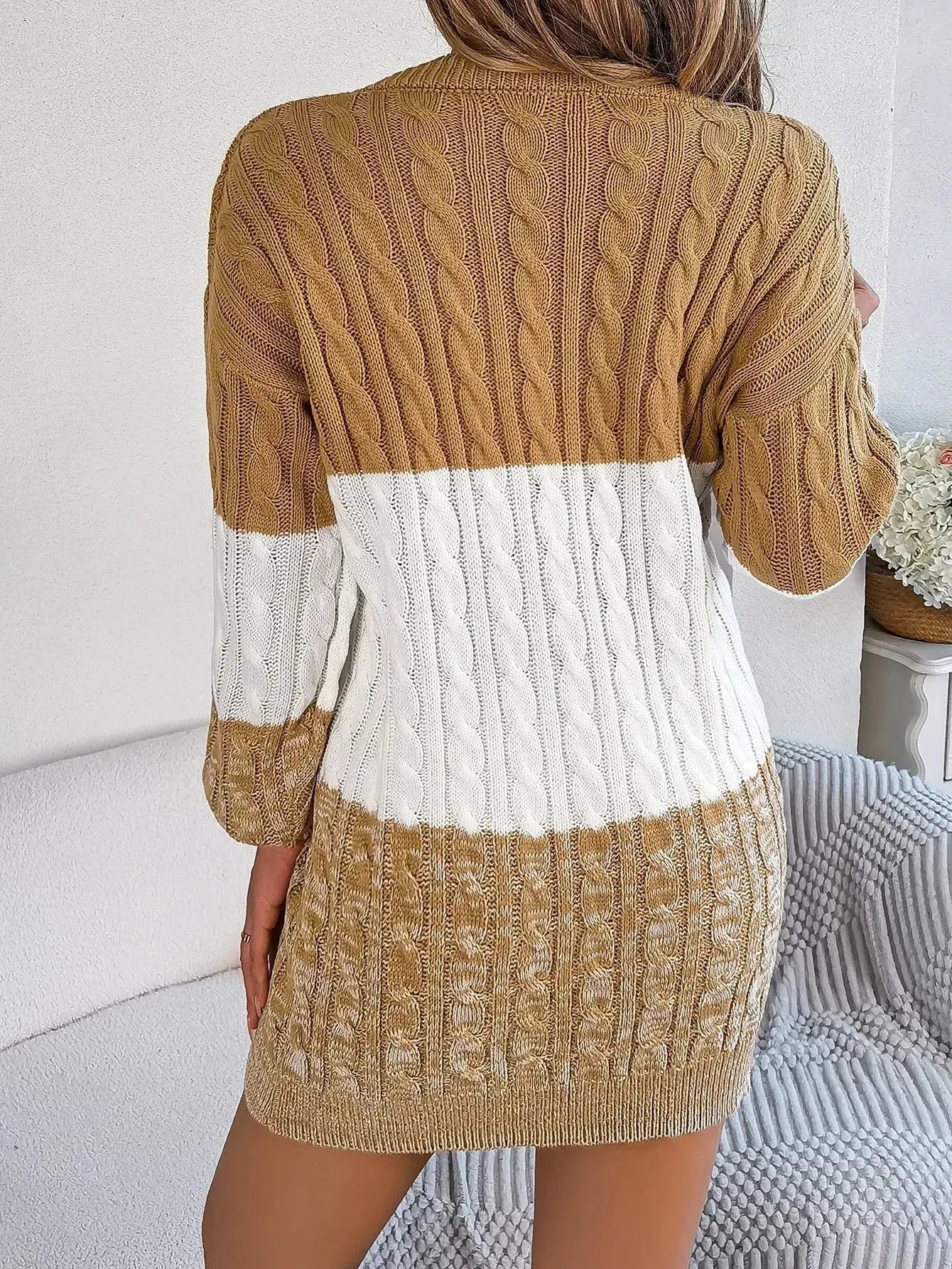 Autumn and Winter Casual Color Matching Twist Lantern Sleeve Sweater Skirt, Women's Clothing FUXL-Shopify