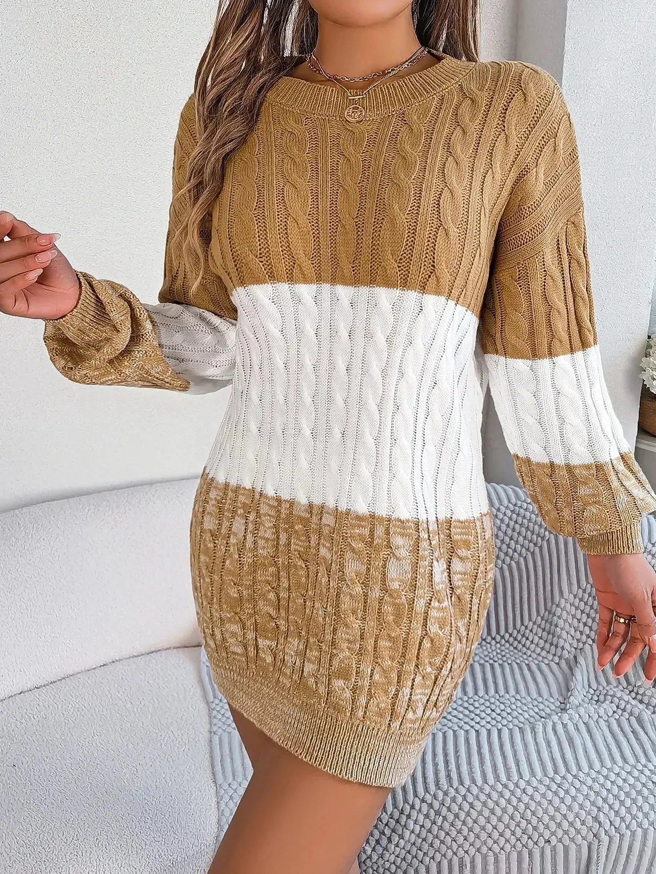 Autumn and Winter Casual Color Matching Twist Lantern Sleeve Sweater Skirt, Women's Clothing FUXL-Shopify