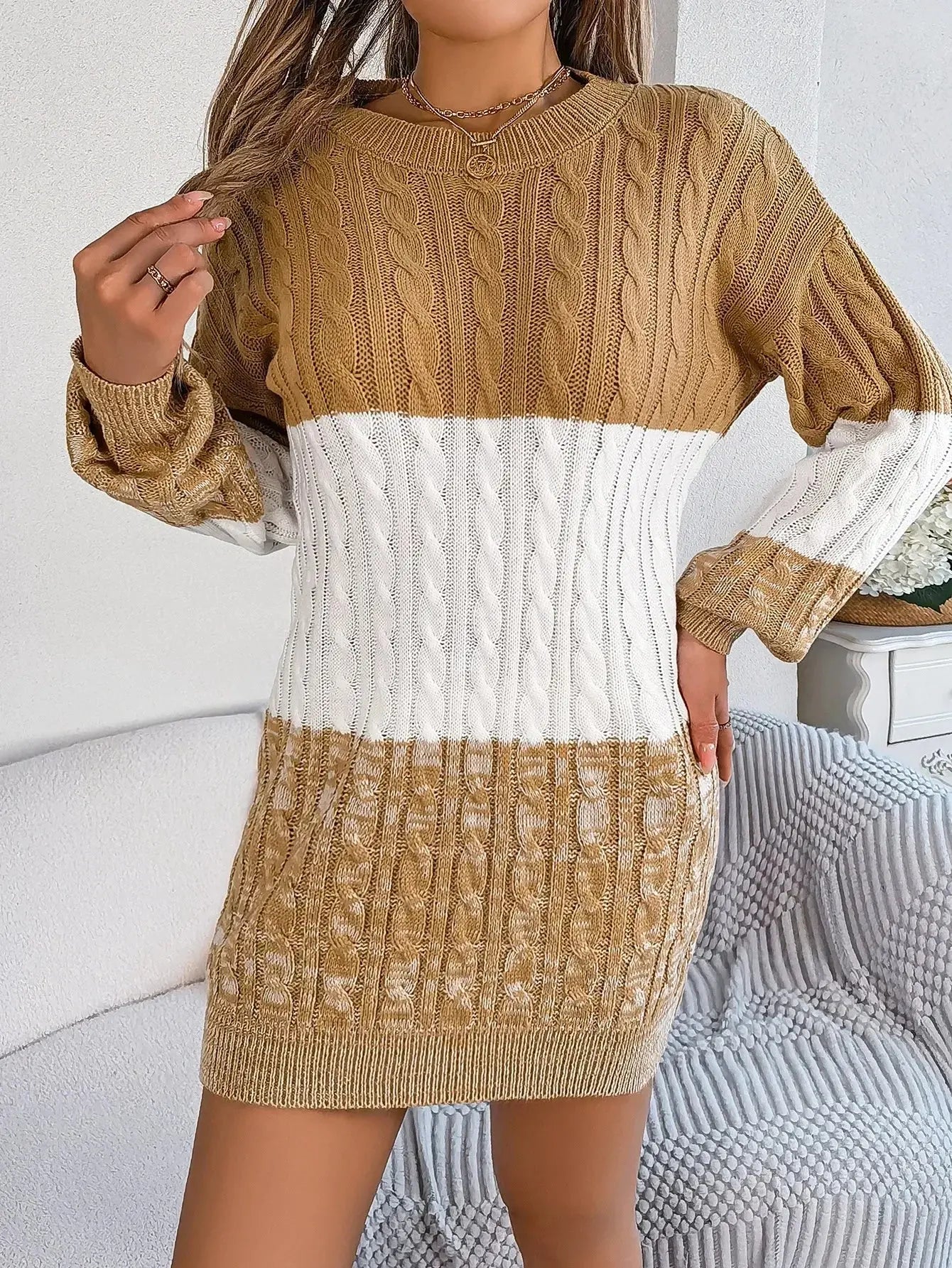Autumn and Winter Casual Color Matching Twist Lantern Sleeve Sweater Skirt, Women's Clothing FUXL-Shopify