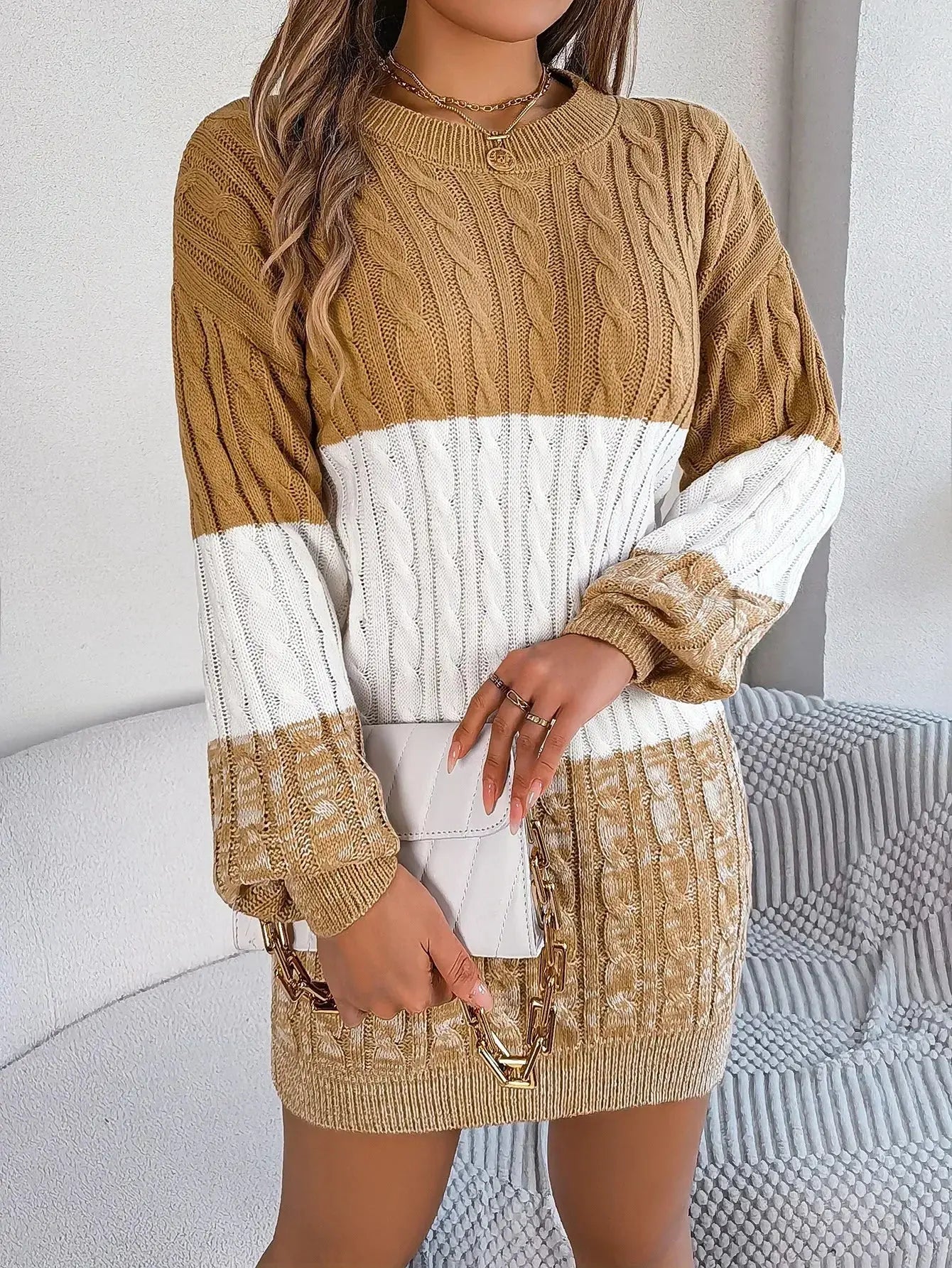 Autumn and Winter Casual Color Matching Twist Lantern Sleeve Sweater Skirt, Women's Clothing FUXL-Shopify