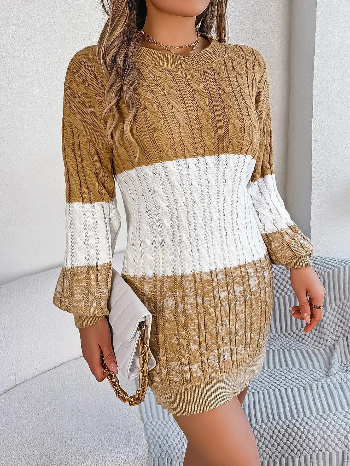 Autumn and Winter Casual Color Matching Twist Lantern Sleeve Sweater Skirt, Women's Clothing FUXL-Shopify