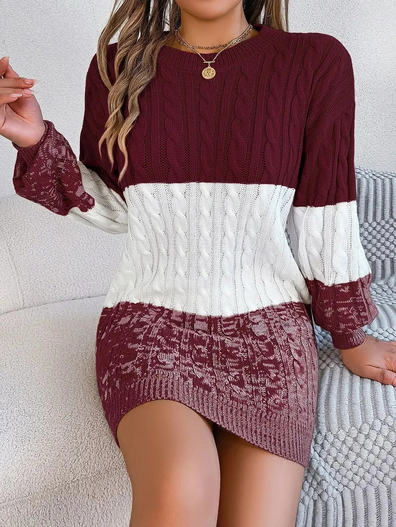 Autumn and Winter Casual Color Matching Twist Lantern Sleeve Sweater Skirt, Women's Clothing FUXL-Shopify