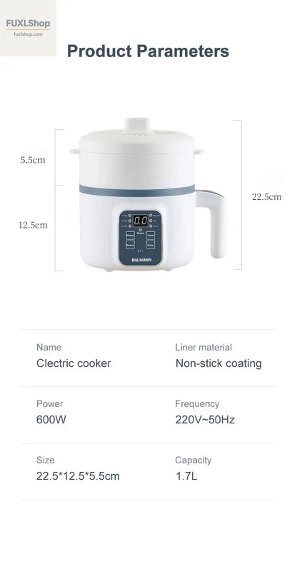 BALASHOV 1.7L Elektrischer Reiskocher – Mehrfunktions-Kochtopf mit Dampfkorb, 220V für Reis, Suppe & mehr (2-3 Personen) - FUXL-Shopify 