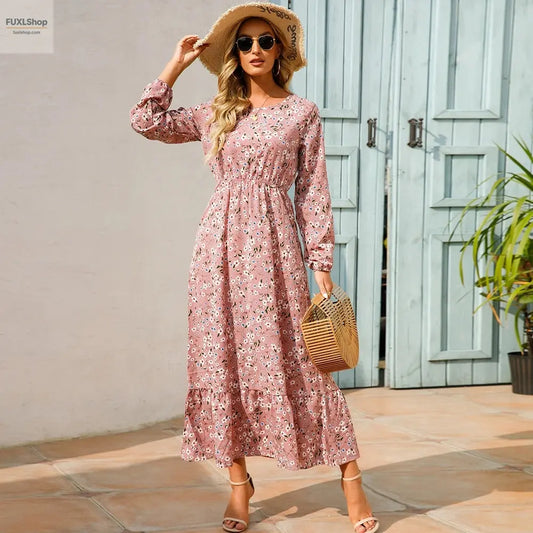 FUXL Bohemian Maxi Kleid – Langarm Chiffon Blumenkleid (Mid-Calf, Lockere Passform) - FUXL-Shopify 