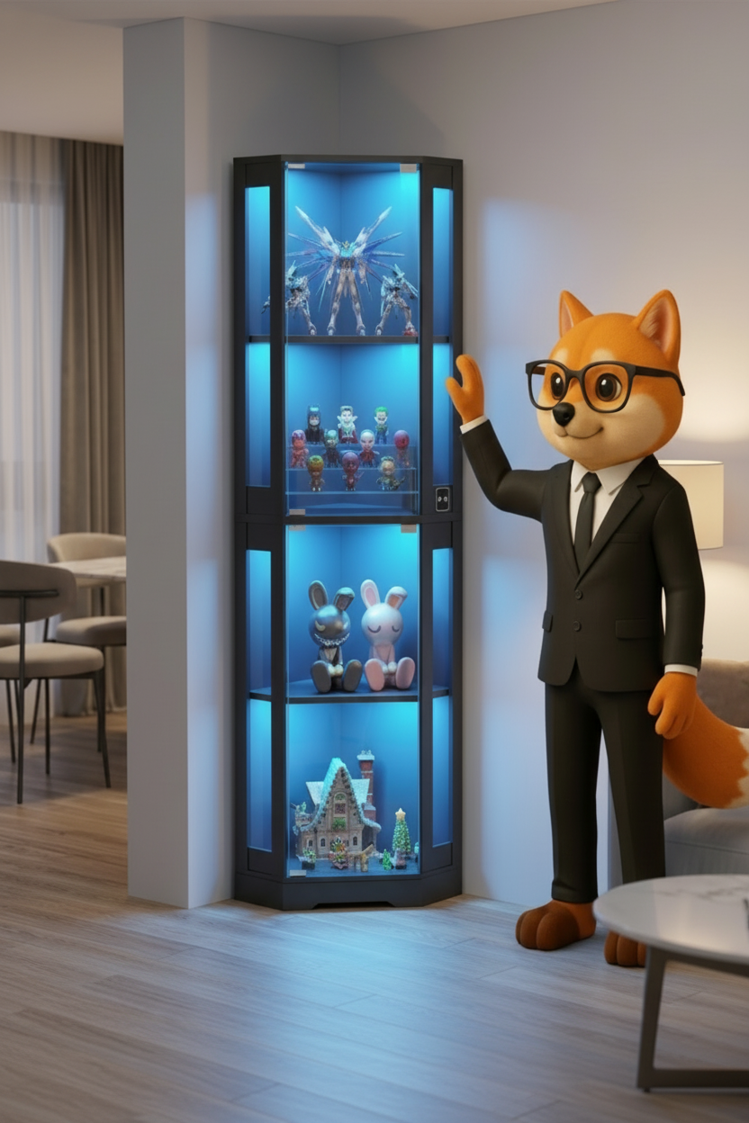 Eckbücherregal mit Glastüren & LED-Beleuchtung – 165 cm Vitrine Schwarz – FUXLShop