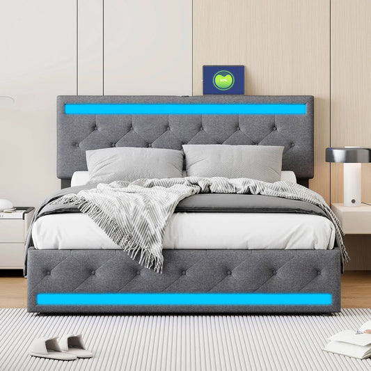 Polsterbett 140x200 cm mit USB-Ladefunktion, LED-Beleuchtung & 4 Schubladen - FUXL-Shopify