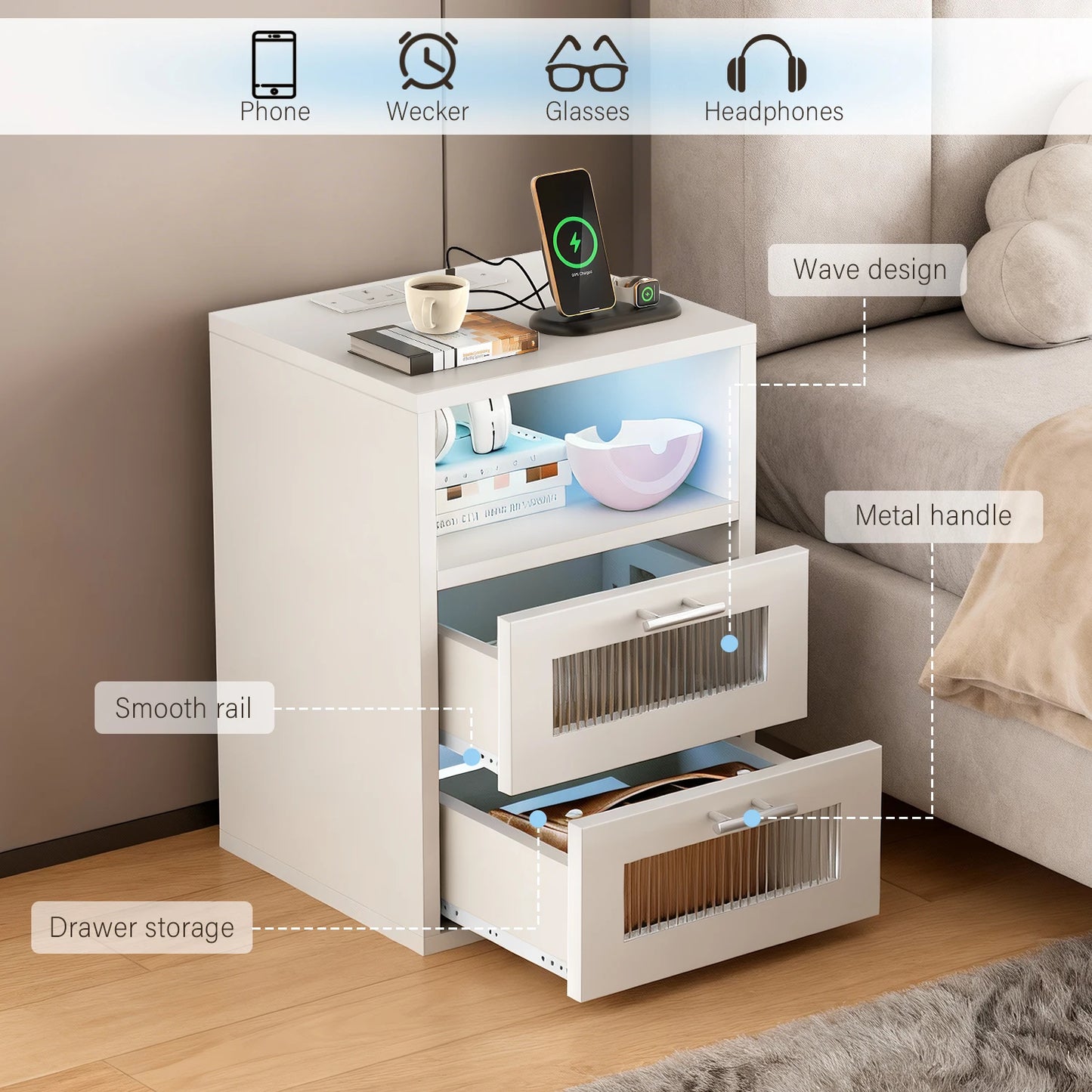 LED-Nachttisch mit 2 Schubladen & Ladestation - Moderner Beistelltisch für Schlafzimmer - Nachtkommode mit Beleuchtung in Schwarz & Weiß