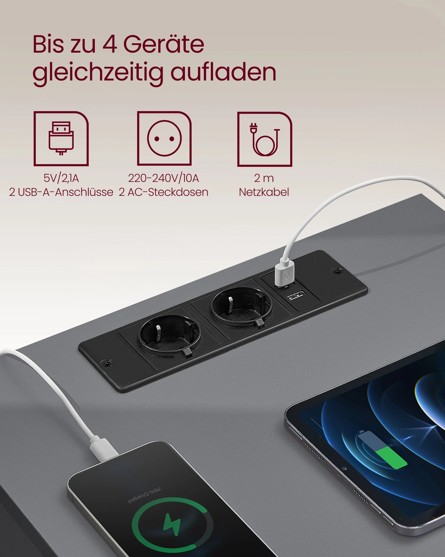 VASAGLE Nachttisch mit Steckdosenleiste, 2er Set – Beistelltisch mit 3 Schubladen, 2 AC-Steckdosen & 2 USB-A, fürs Wohnzimmer & Schlafzimmer