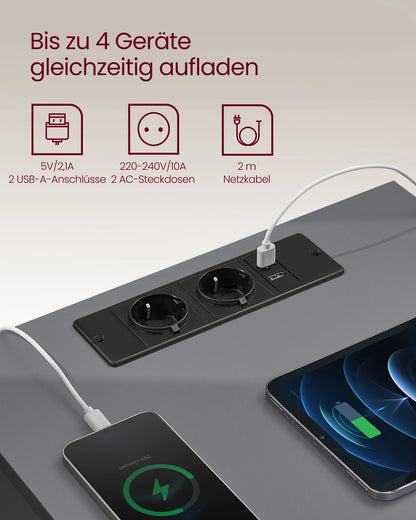 VASAGLE Nachttisch mit Steckdosenleiste, 2er Set – Beistelltisch mit 3 Schubladen, 2 AC-Steckdosen & 2 USB-A, fürs Wohnzimmer & Schlafzimmer