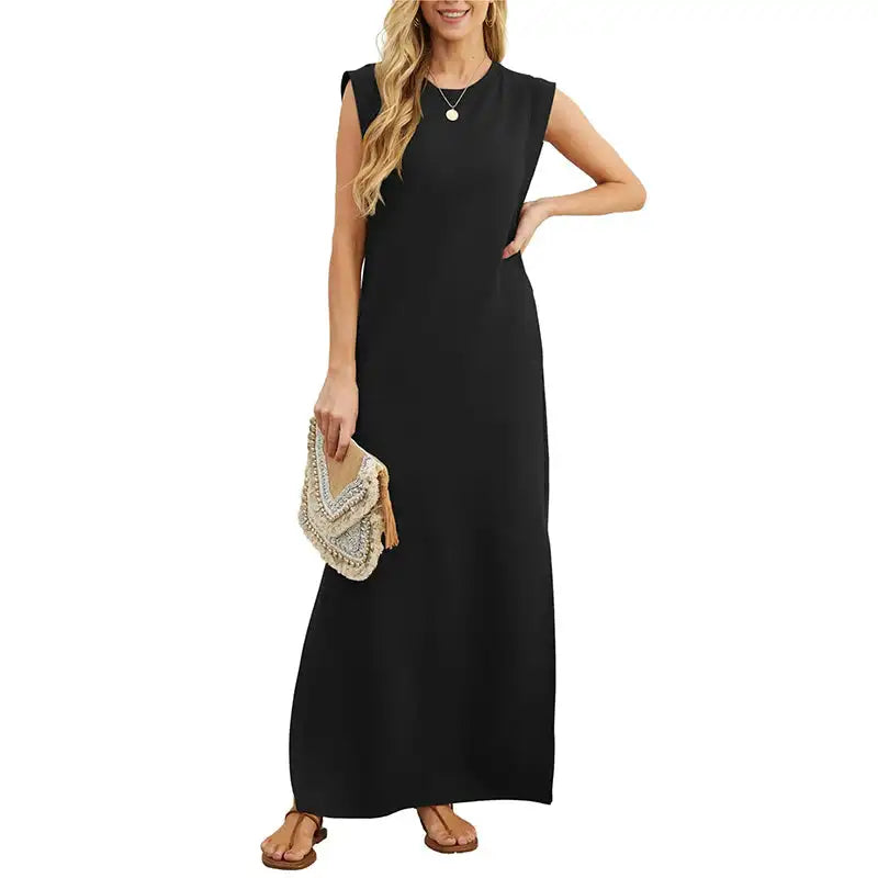 Damen Sommer lässig locker Sommerkleid langes Kleid ärmellose Rundhals ausschnitt Split T-Shirt Maxi kleider falten frei mit Tasche