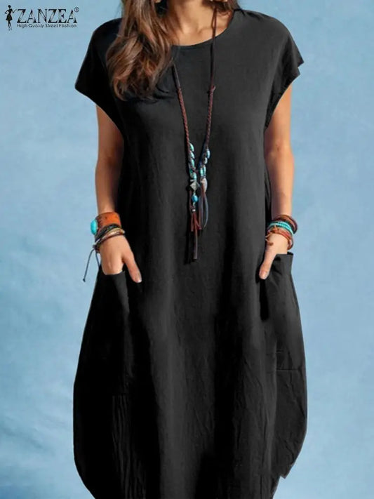 ZANZEA Oversized Vintage Sommerkleid – Kurzarm, Knielang, Baumwolle