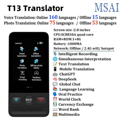 KI-Sprachübersetzer T26 – 160 Sprachen, ChatGPT, Offline & Echtzeitübersetzung