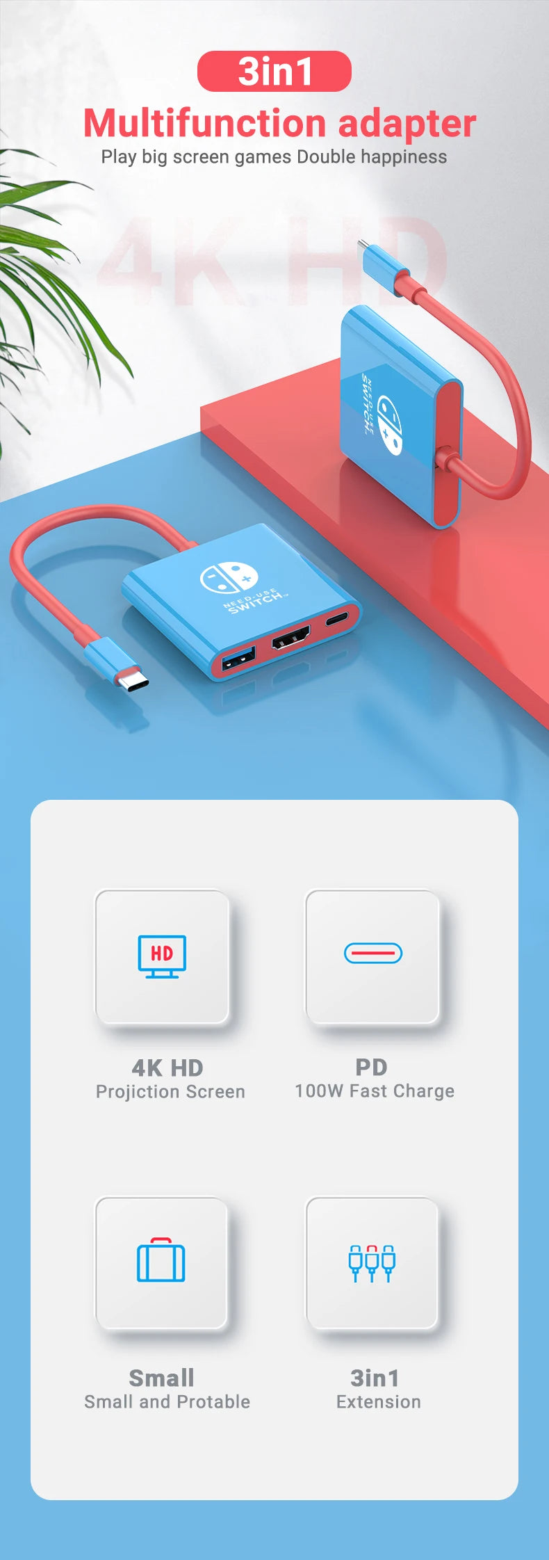 3-in-1 USB-C Hub HDMI 4K 30Hz PD 100W Schnellladung USB 3.0 Dockingstation MacBook Laptop