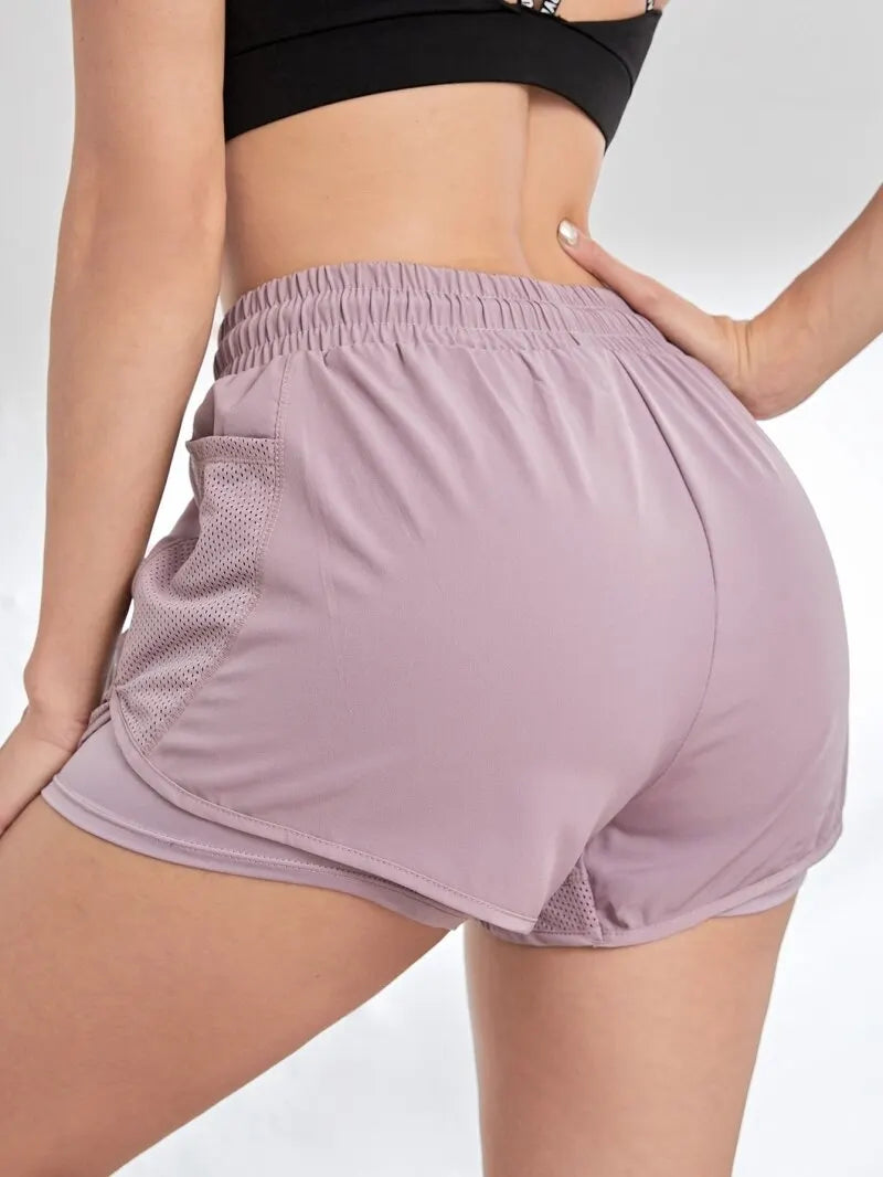 Elastische Sportshorts für Damen, Shorts mit Taschen, gefälschte zweiteilige Yoga-Leggings zum Laufen und Training