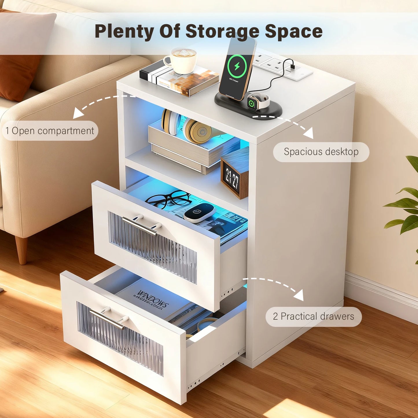 LED-Nachttisch mit 2 Schubladen & Ladestation - Moderner Beistelltisch für Schlafzimmer - Nachtkommode mit Beleuchtung in Schwarz & Weiß