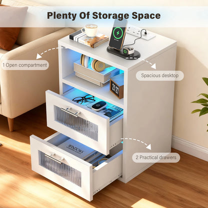 LED-Nachttisch mit 2 Schubladen & Ladestation - Moderner Beistelltisch für Schlafzimmer - Nachtkommode mit Beleuchtung in Schwarz & Weiß