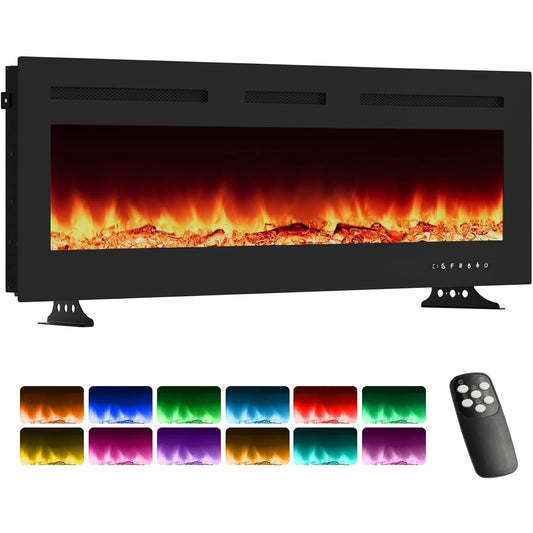 50" 3D-Elektrokamin mit 12 LED-Flammenmodi - Einbau & Wandmontage, 900/1800W Heizung, Fernbedienung